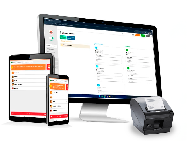 Painel administrativo PedeJá em desktop, tablet, celular e impressora térmica